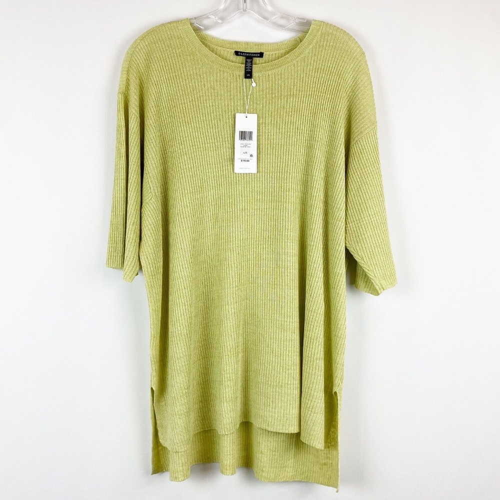 Eileen Fisher Tunic Top Large Green Organic Linen Italian Yarn Ribbed Knit New